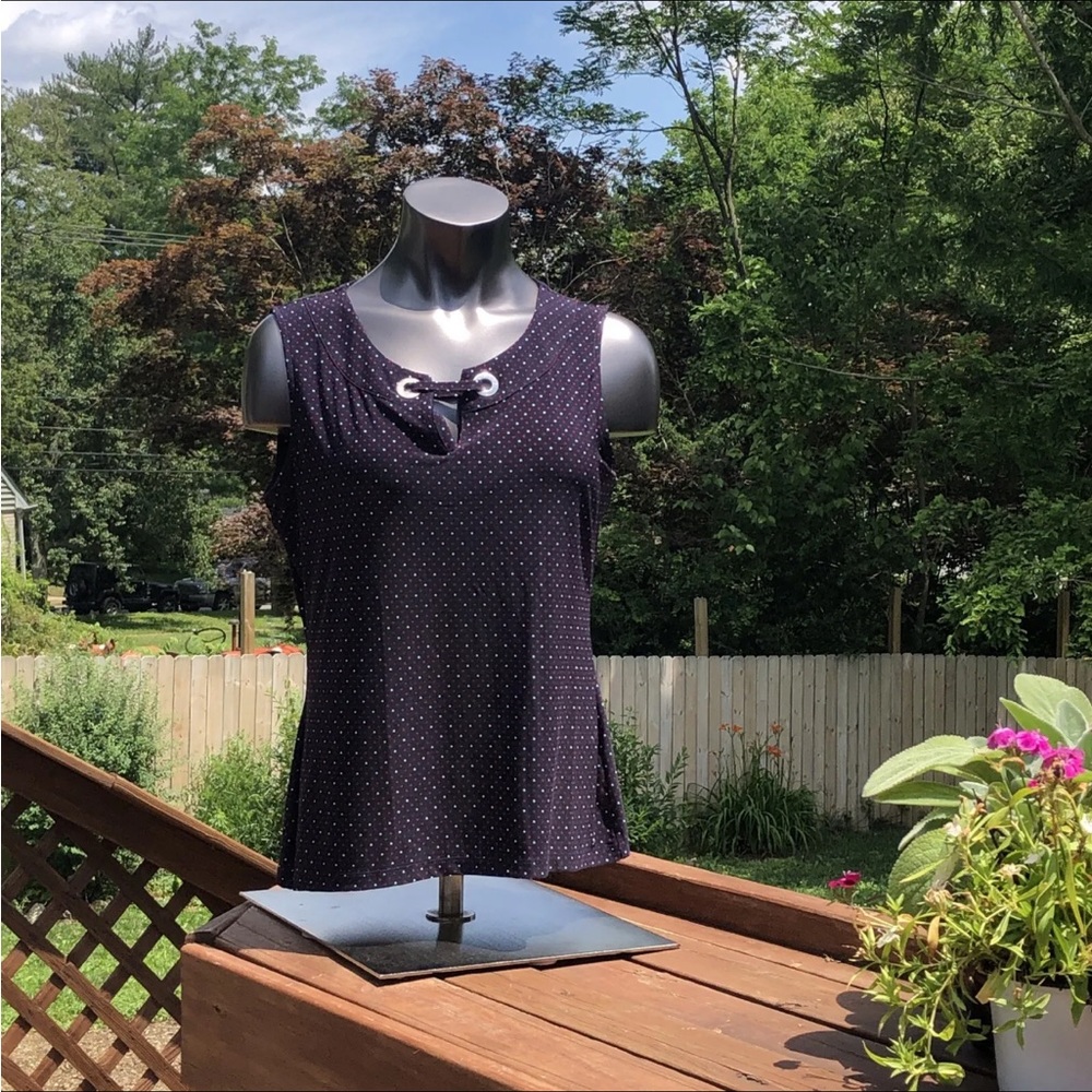 Tommy Hilfiger Womens Sleeveless Top L Blue Red Polka Dot Stretch Keyhole